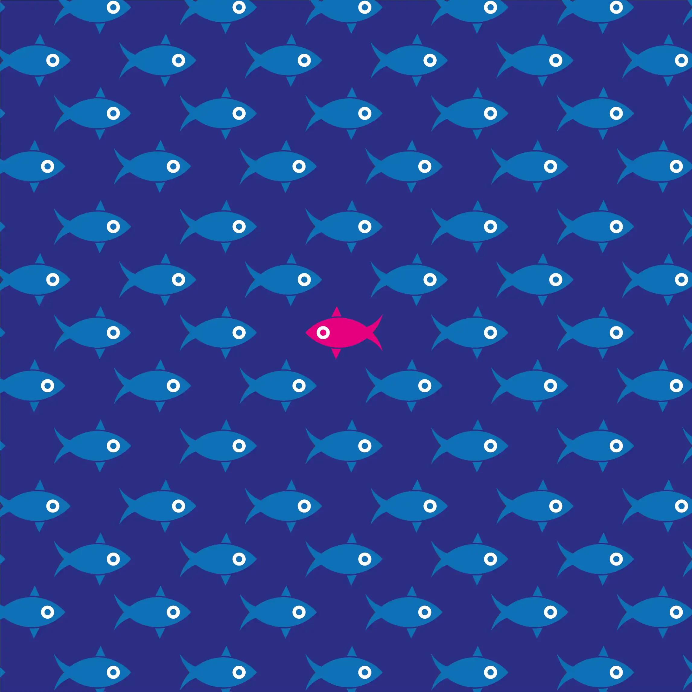 immagine dallo sfondo blu con illustrazione di pesci orientati verso destra e solo uno al centro è di colore rosa ed è rivolto verso sinistra. Cover articolo del blog riguardo il posizionamento delle aziende